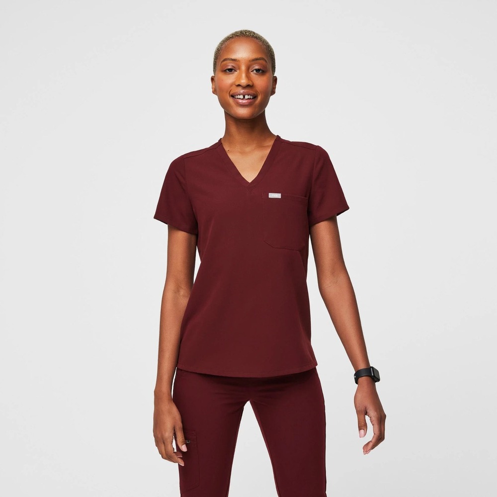 Figs Catarina One-Pocket V-Neck Scrub Top Burgundy Women's Small